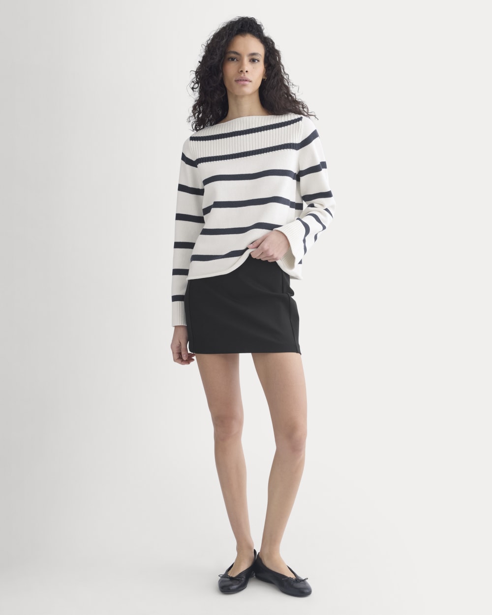 Striped Boatneck Sweater in Everyday Cotton in True Navy/Bone — detail view