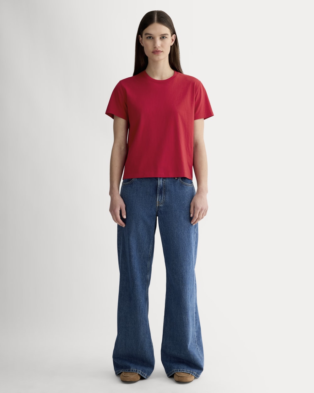 The Box-Cut Tee in Essential Cotton in Berry Red — detail view