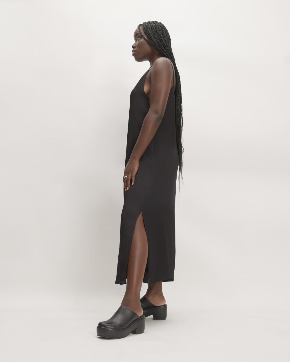 The Hammered Satin Slip Dress in Black — detail view
