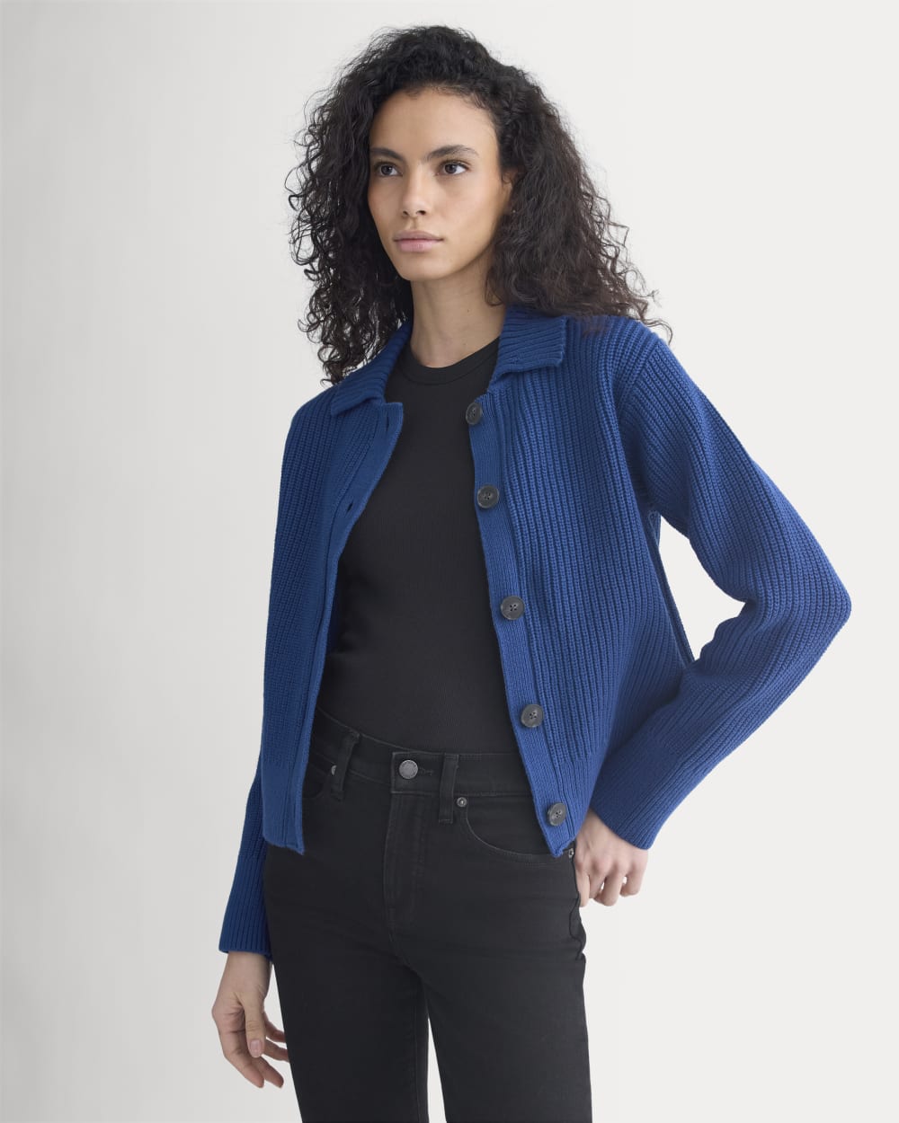 Shrunken Cardigan in Everyday Cotton in Estate Blue — detail view