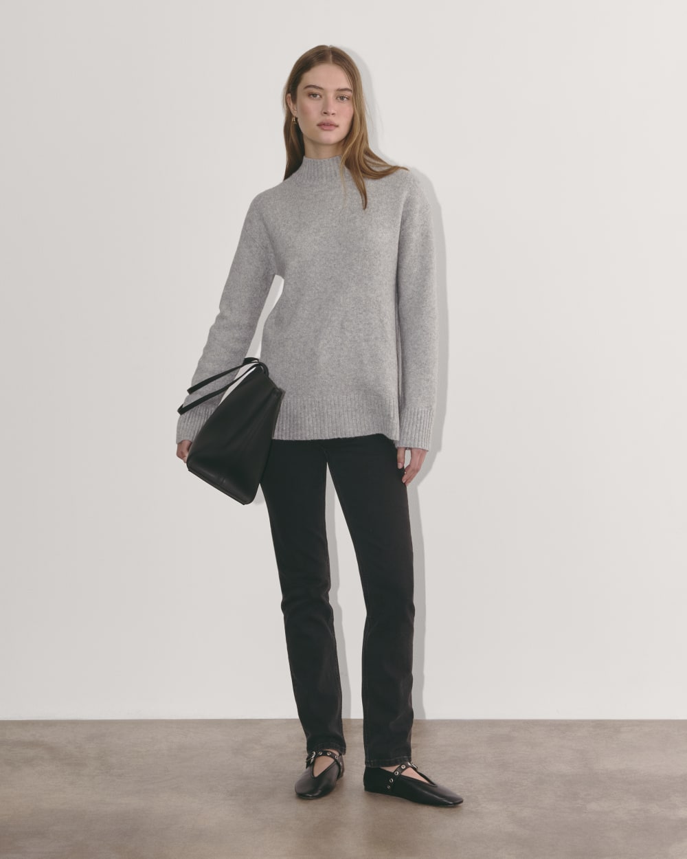 The Mockneck Sweater in Plush Cotton in Heathered Grey — detail view