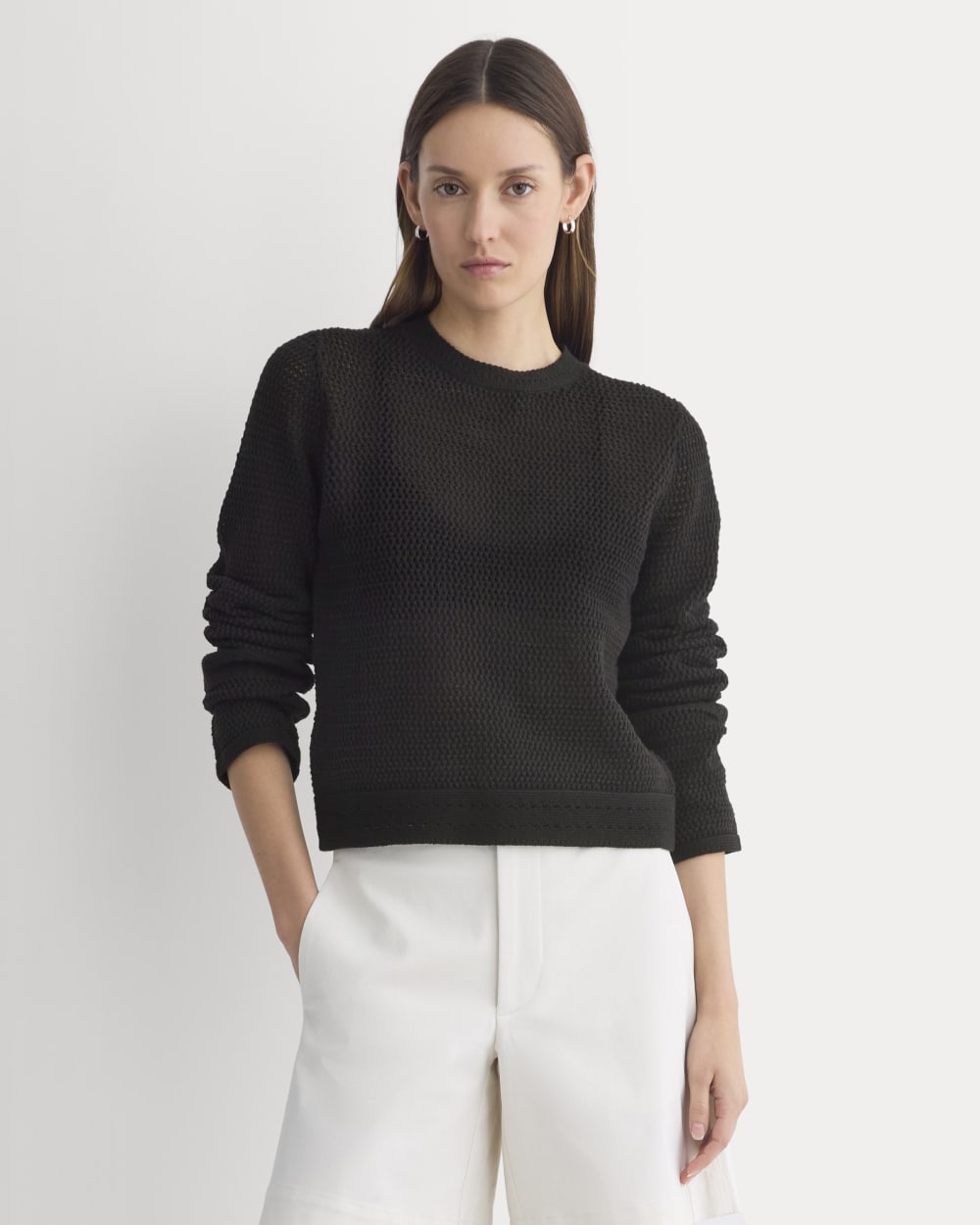 Open Knit Long-Sleeve Crew in Everyday Cotton in Black — front view