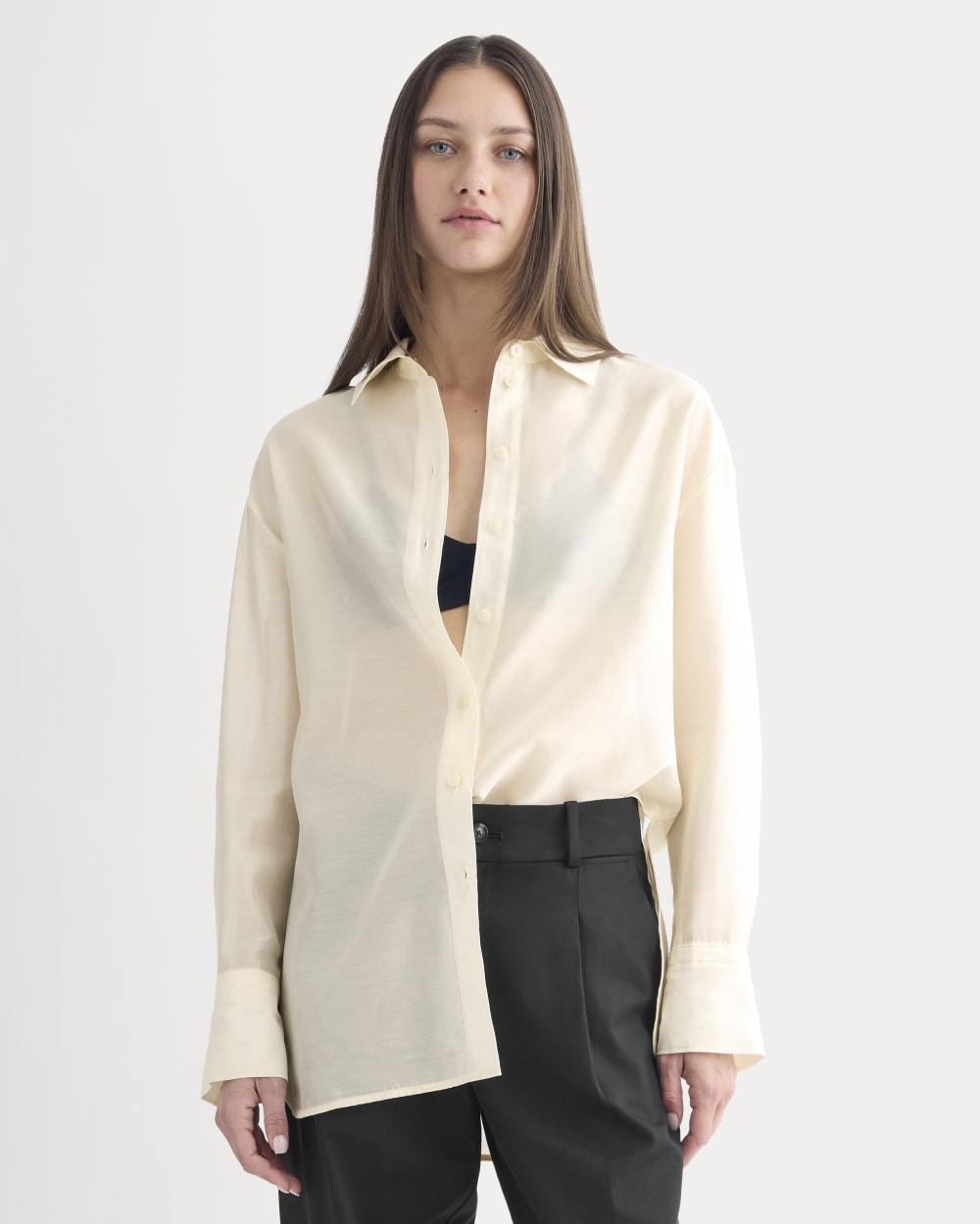 Oversized Shirt in Cotton-Silk Organza in Parchment — front view