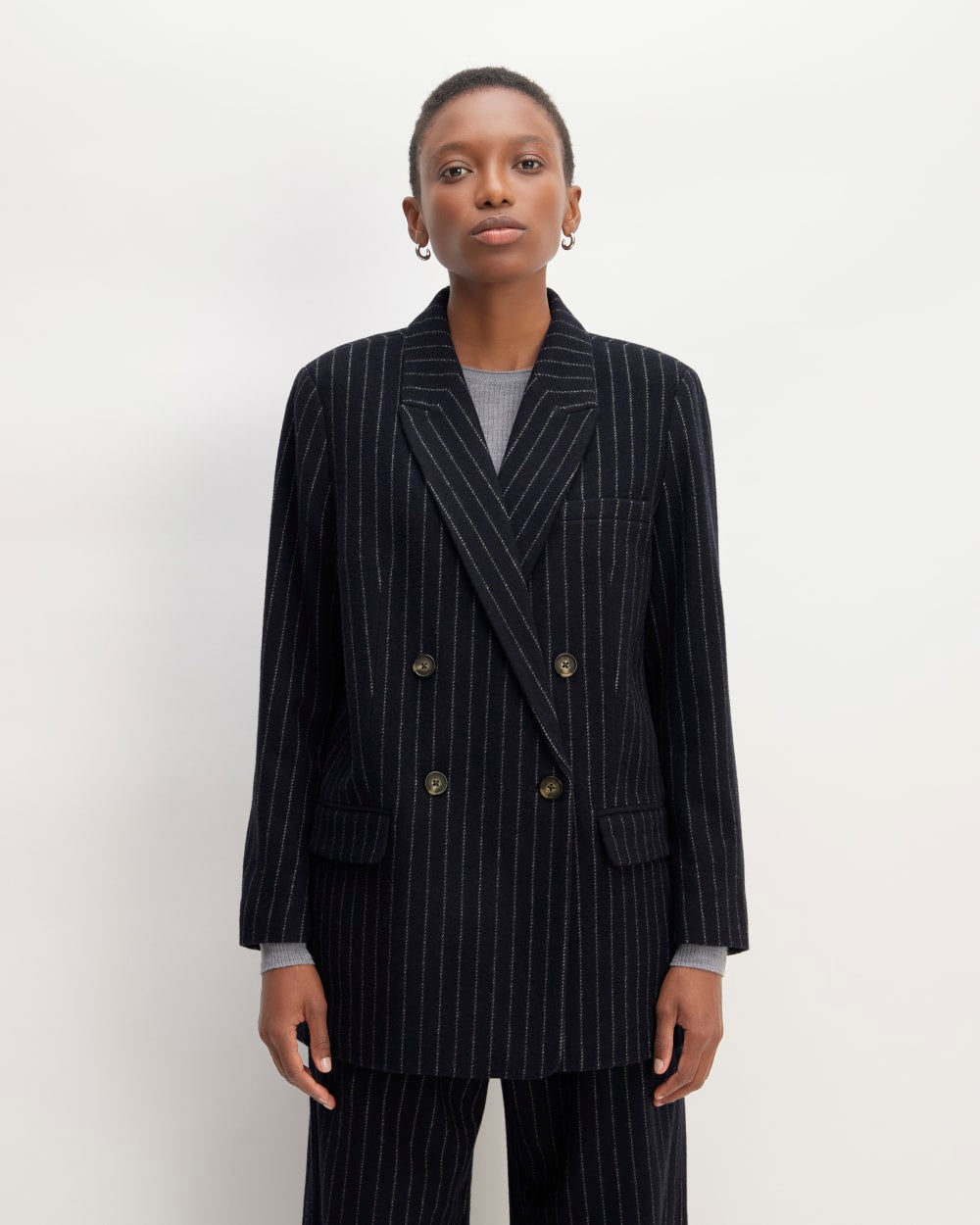 The ReWool® Double-Breasted Blazer in Navy / Bone — detail view