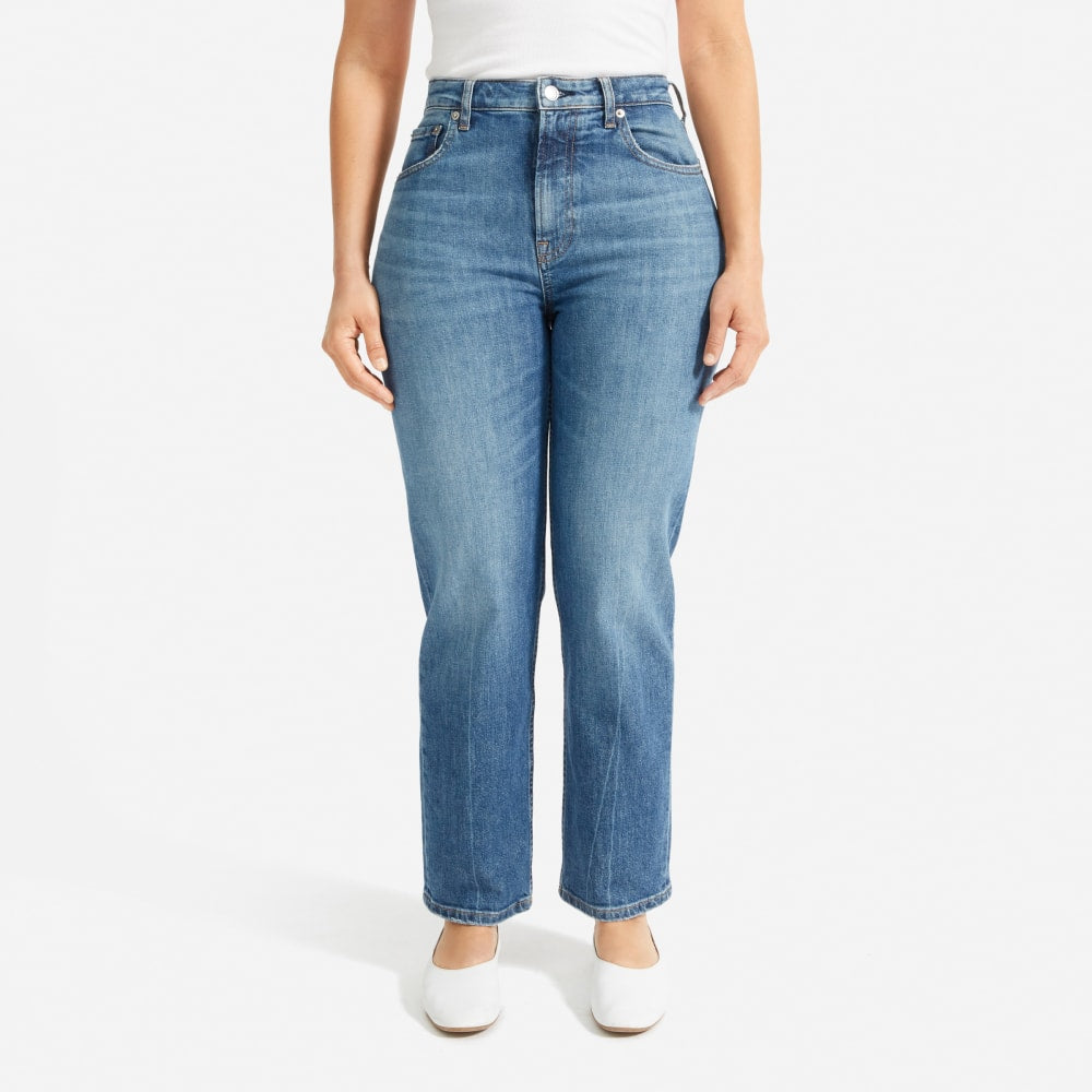 The Super-Straight Jean in Medium Blue Wash — detail view