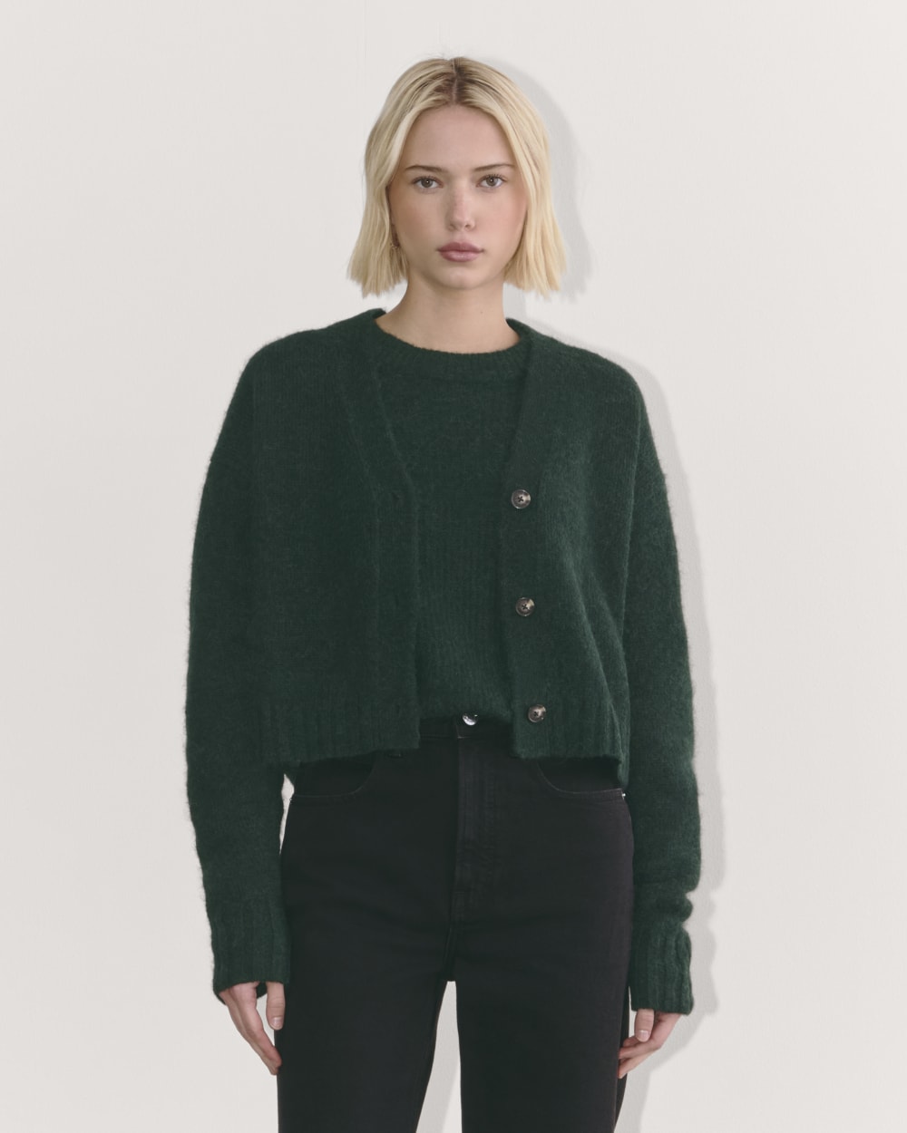 The Boxy Cardigan in Alpaca in Scarab — front view