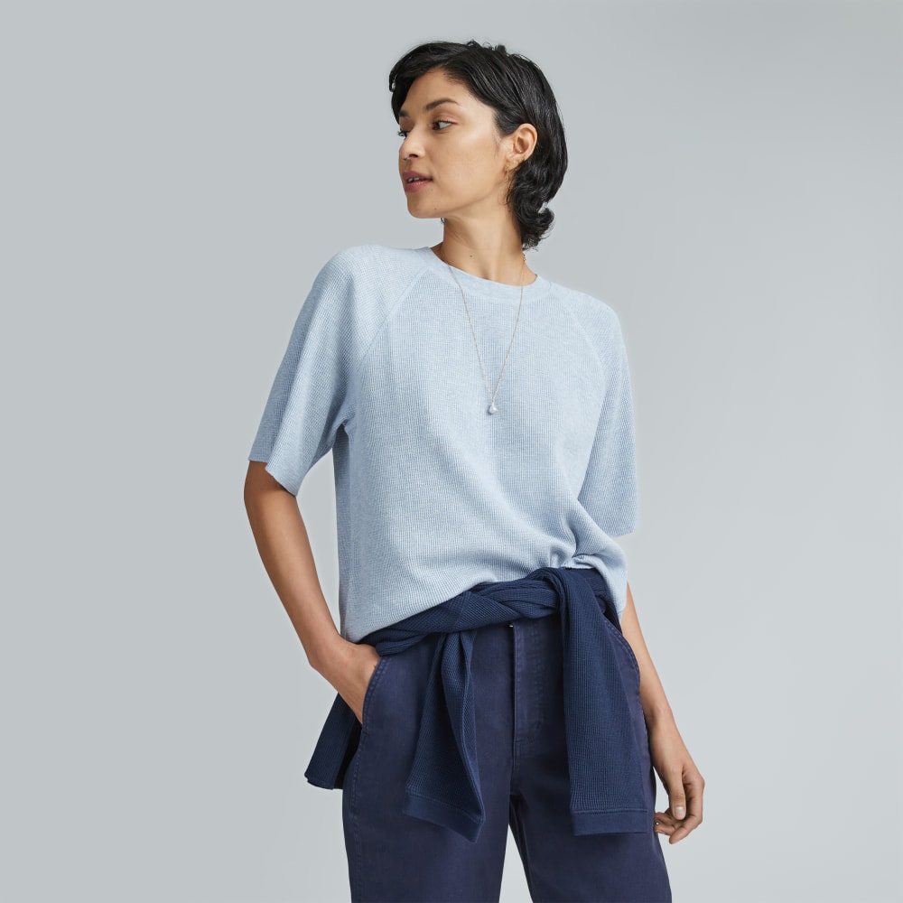 The Organic Cotton Waffle Raglan Tee in Heathered Light Blue — front view