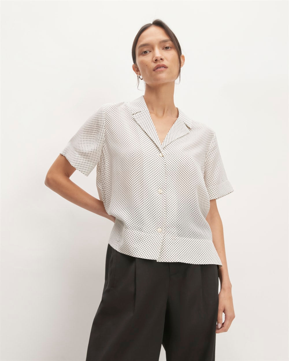 The Notch Shirt in Washable Silk in Bone / Black Polka Dot — front view