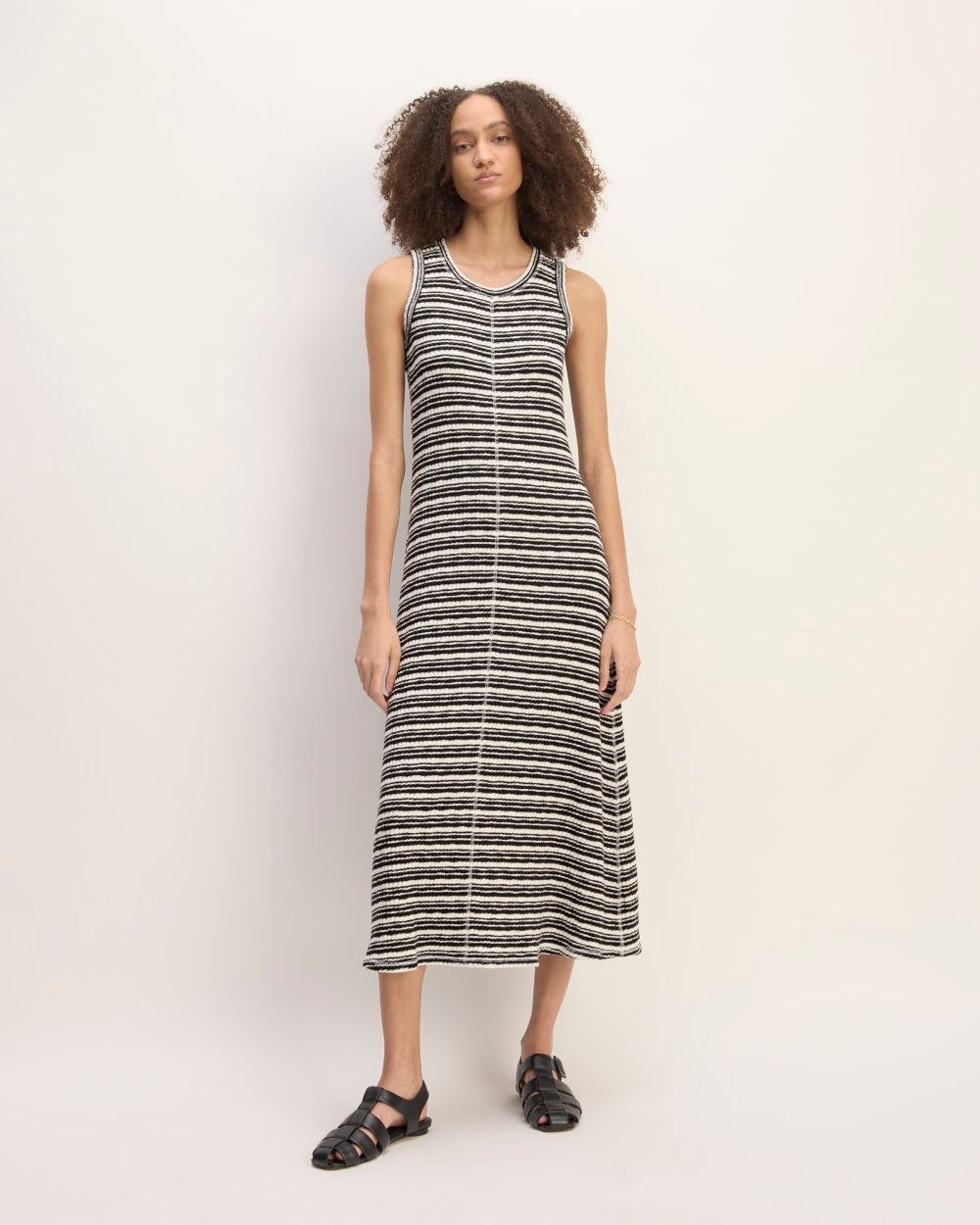 The Rib-Knit A-Line Tank Dress in Bone / Black — front view