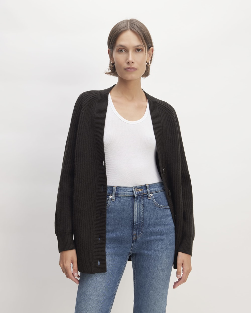 The Felted Merino Cocoon Cardigan in Black — front view