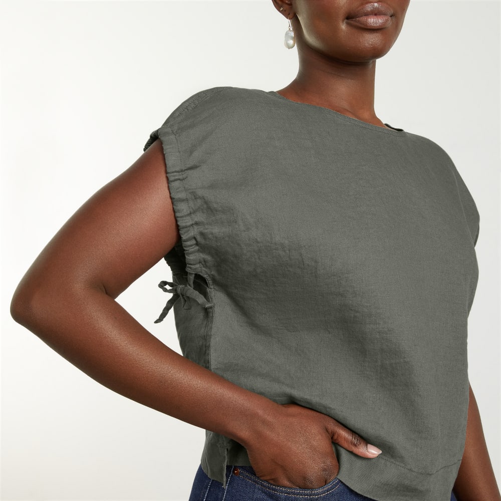 The Drawstring Tunic in Pewter Green — detail view