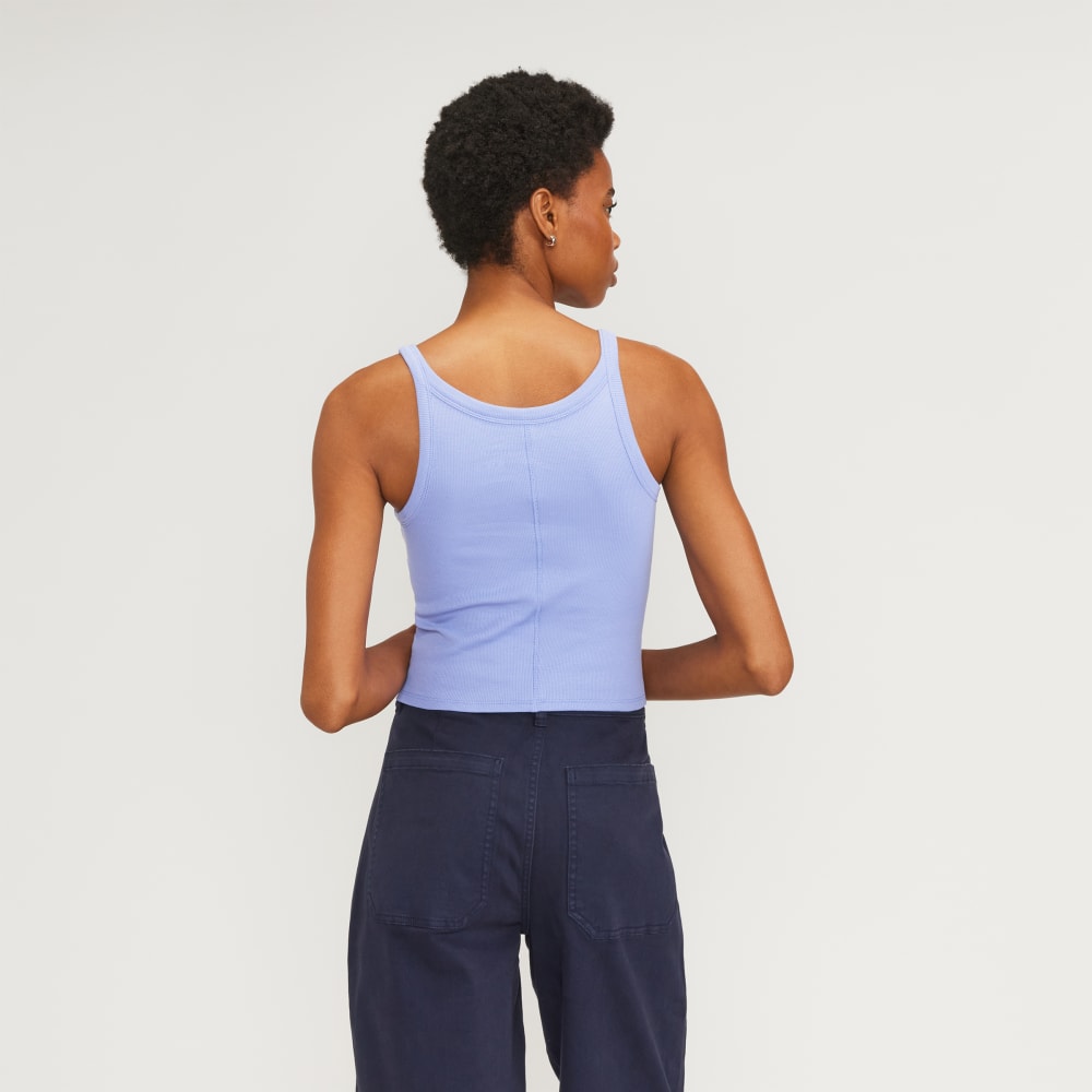 The Pima Micro-Rib Short Tank in Cornflower Blue — detail view