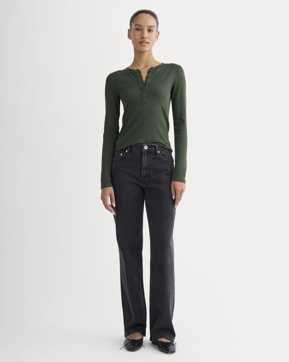 The Luxe Rib Henley in Dark Forest — detail view