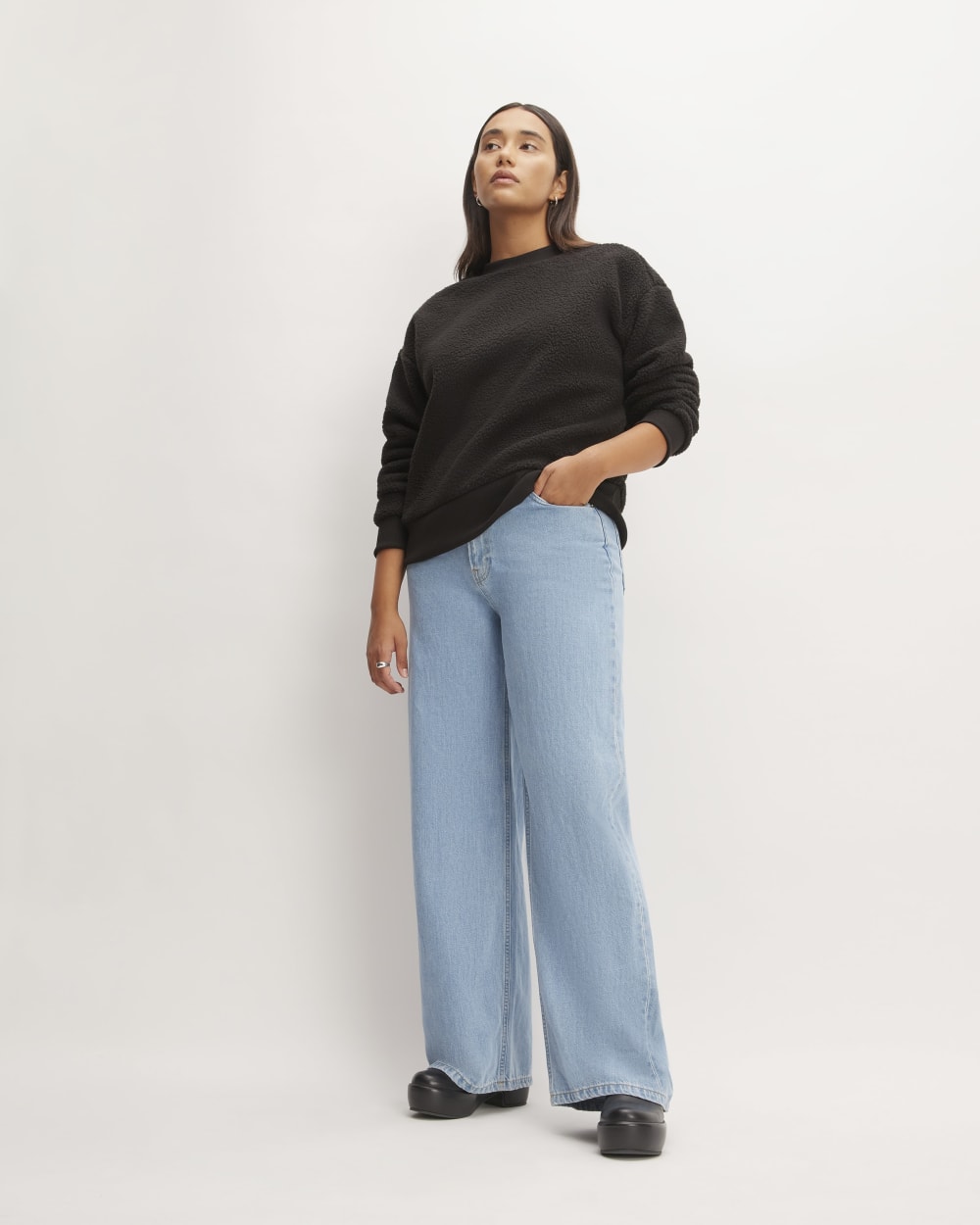 The ReNew Fleece Oversized Crew in Black — detail view