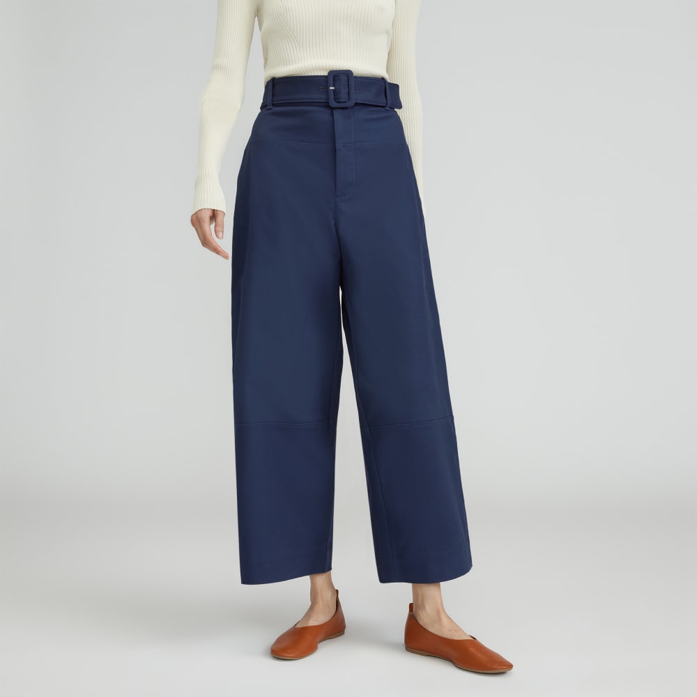 The Structured Cotton Belted Pant in Navy — front view