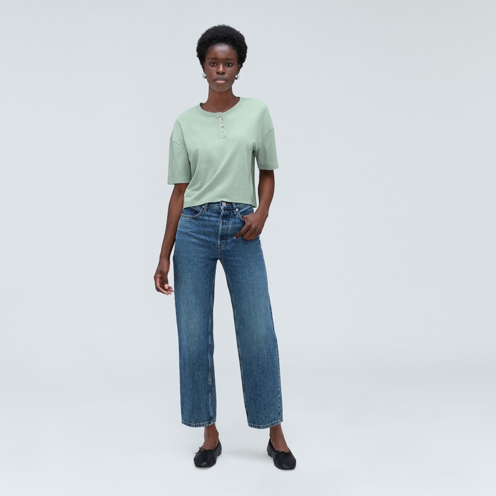 The Vintage Henley Hemp Tee in White Sage — detail view