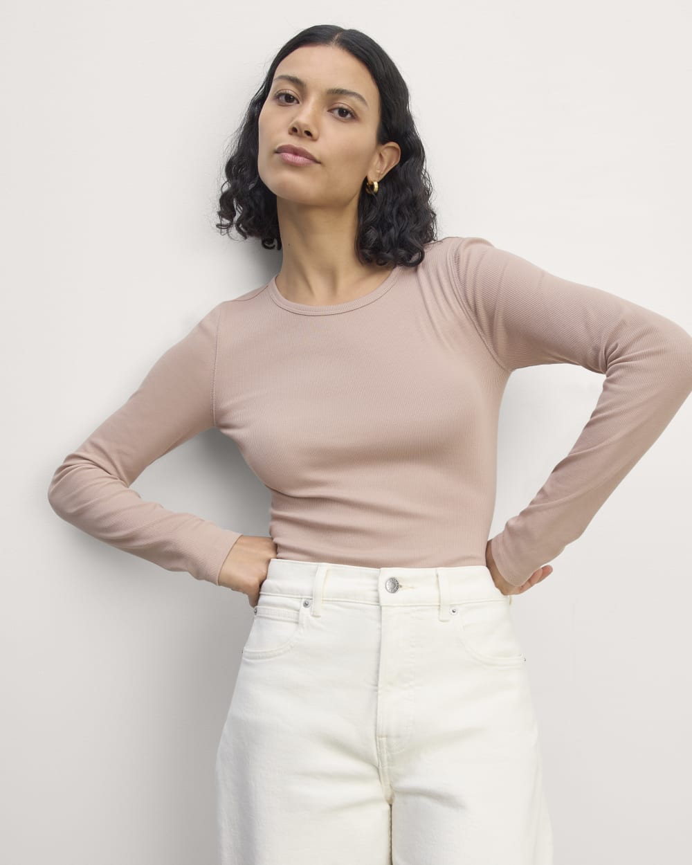 The Luxe Rib Long-Sleeve Crew in Dusty Rose — front view