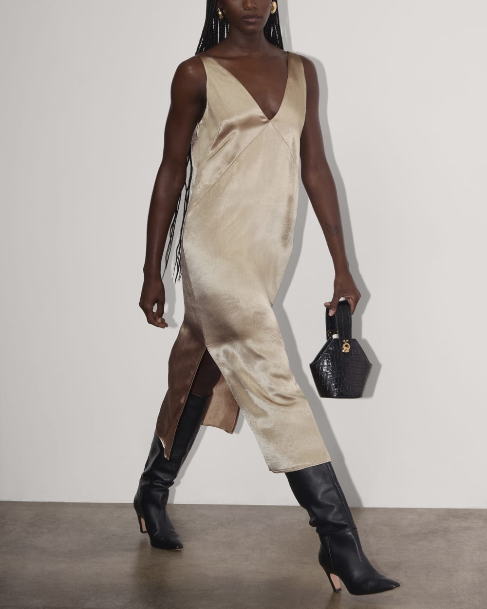 The Satin Slip Dress in Champagne — detail view