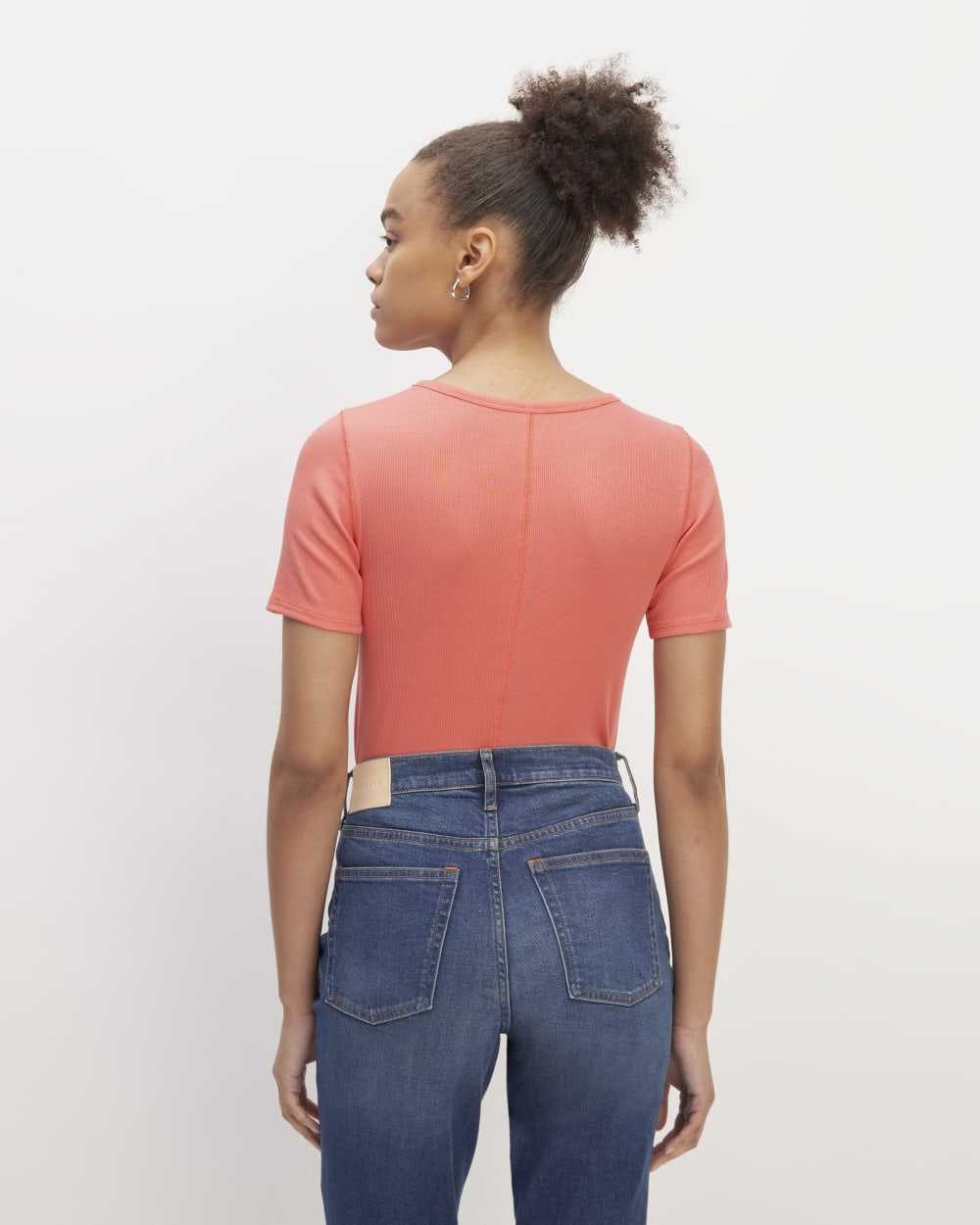 The Luxe Rib Crew in Coral — detail view