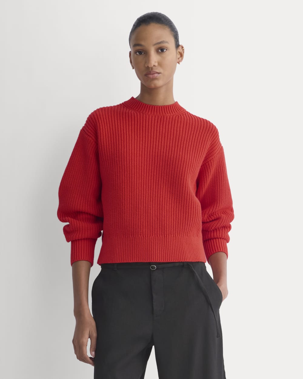 Cropped Ribbed Crew in Everyday Cotton in Fiery Red — front view