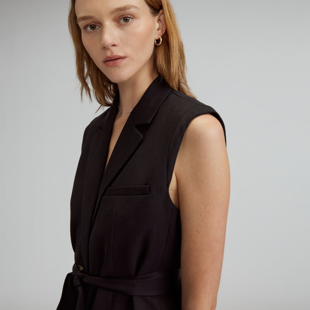 The Sleeveless Blazer in Buttersmooth in Black — detail view