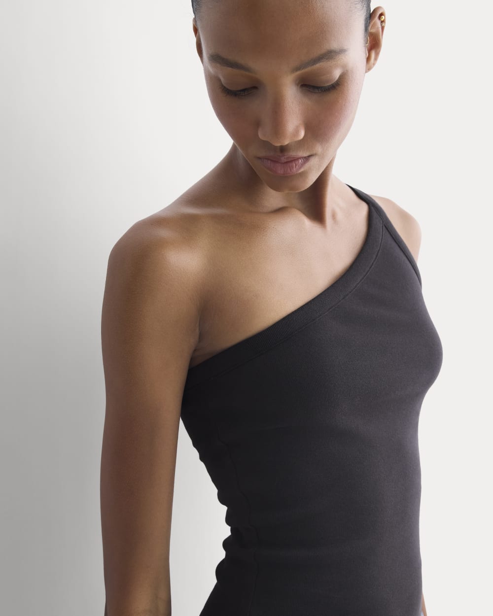 RetroSoft Cotton One-Shoulder Tank in Black — detail view
