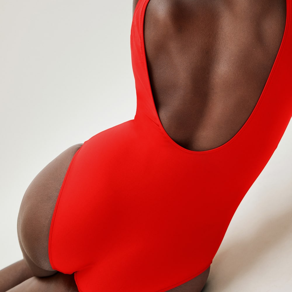The Square-Neck One-Piece in Bright Red — detail view