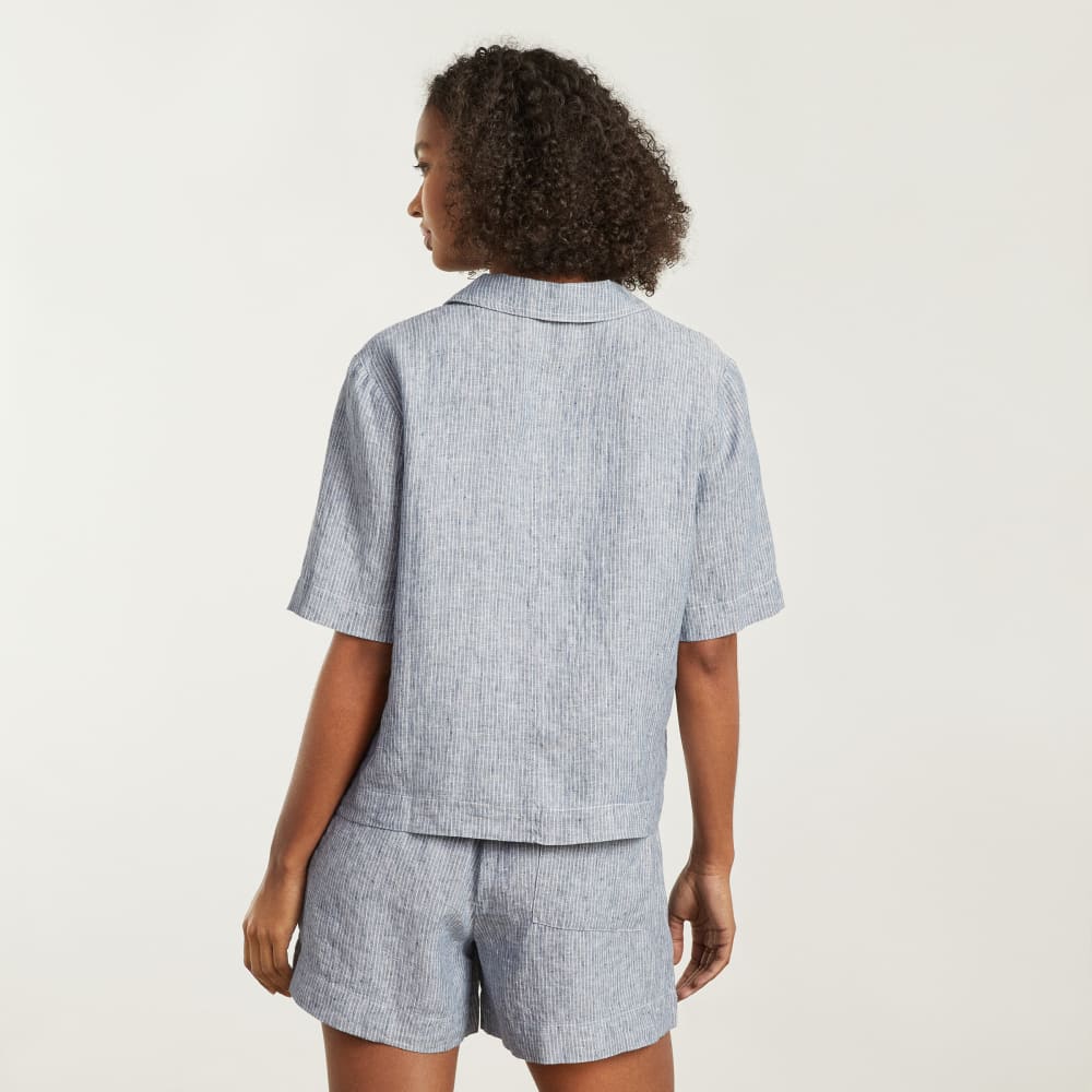 The Linen Workwear Shirt in Blue Pinstripe — detail view