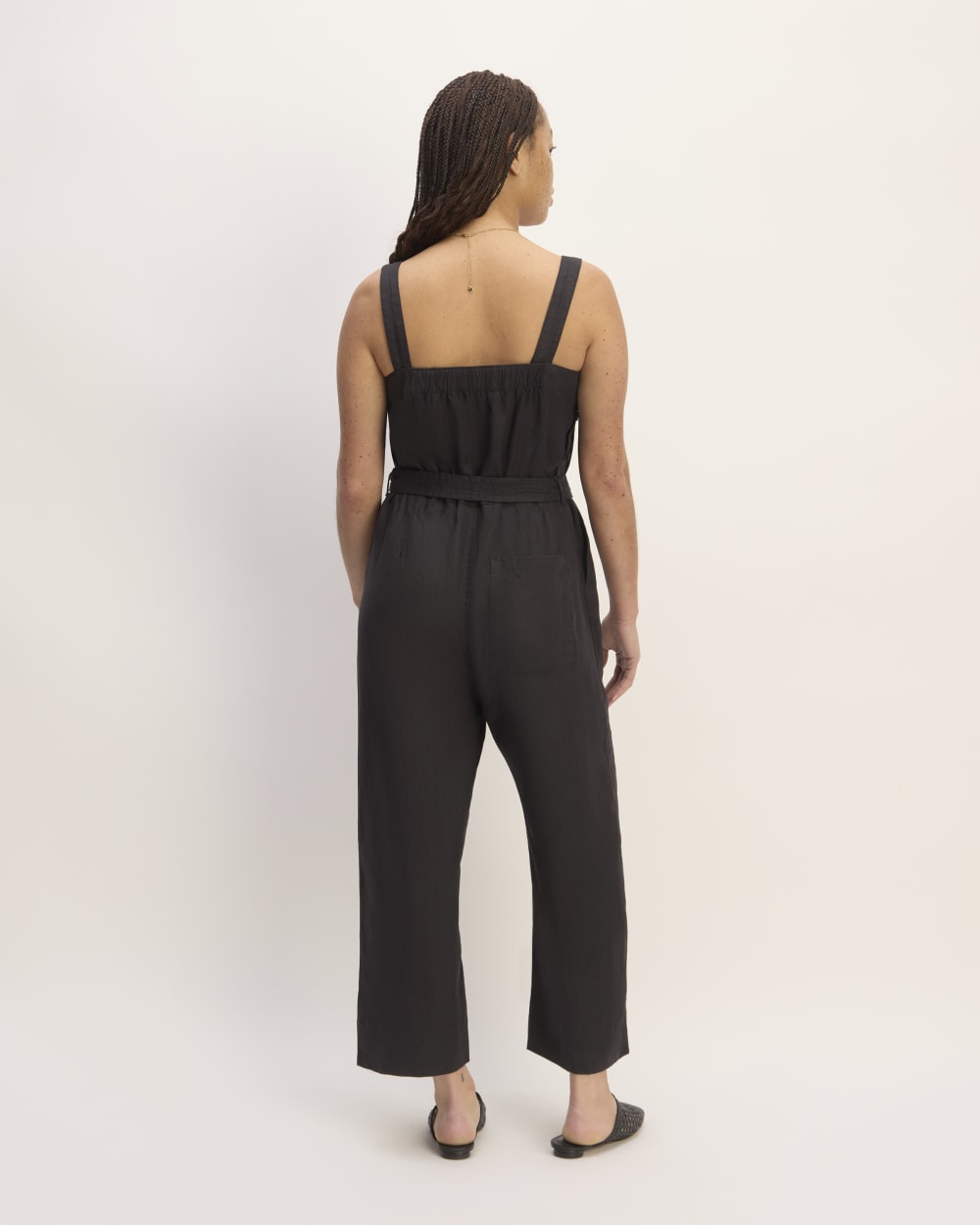 The Linen Side-Button Jumpsuit in Black — detail view