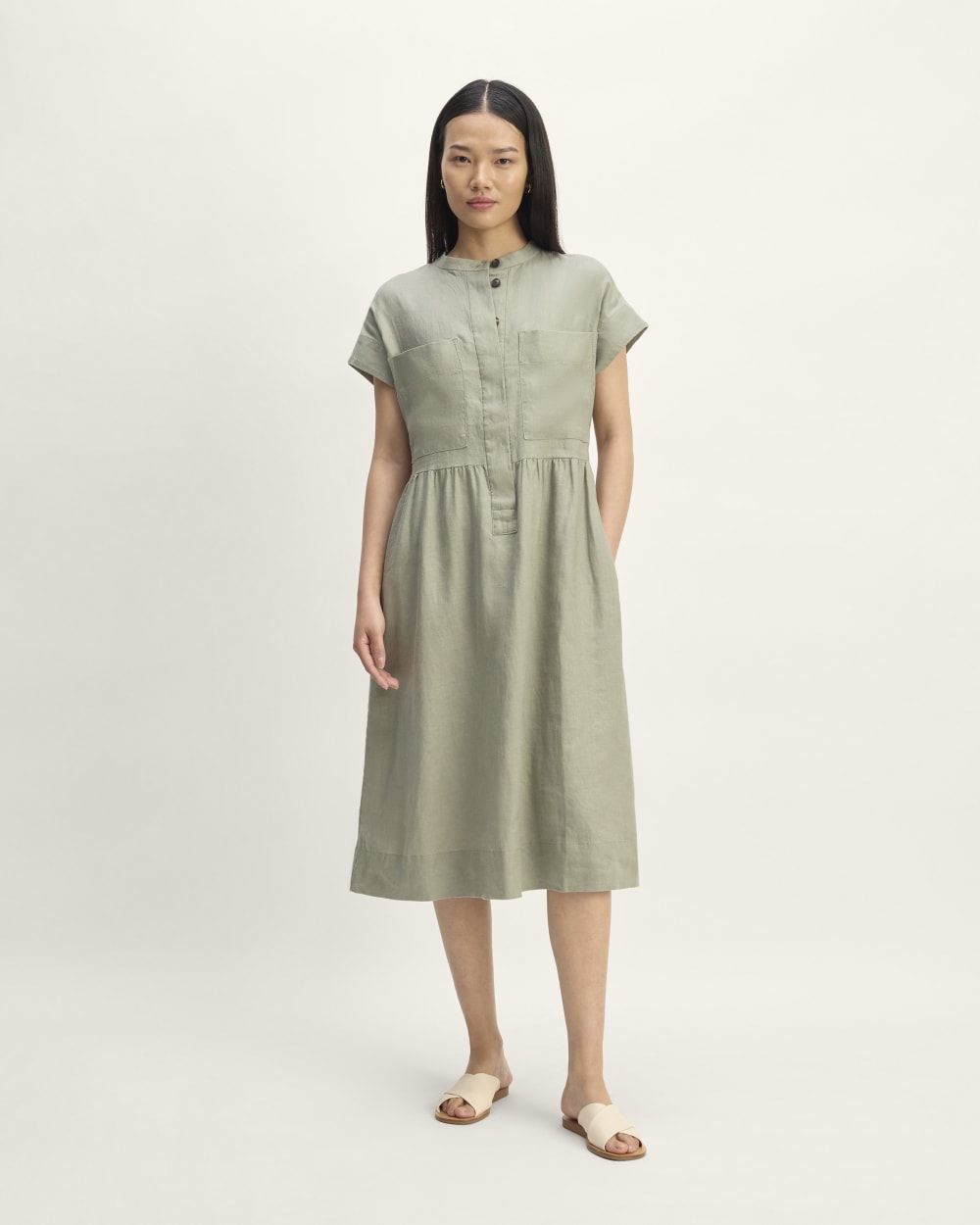 The Craft Dress in Linen in Sage Green — front view