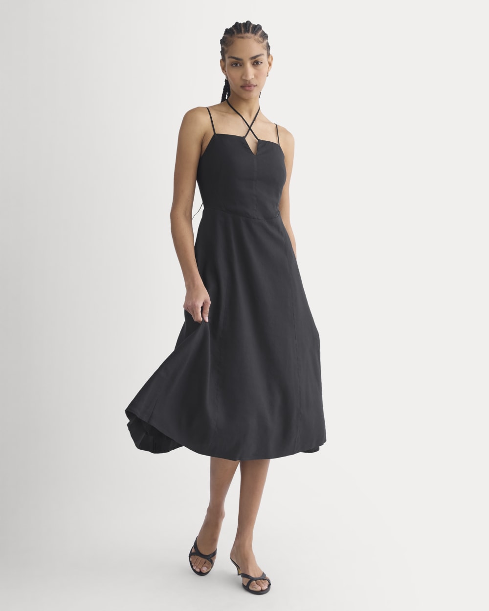 Tie-Neck Dress in Stretch Linen in Black — front view