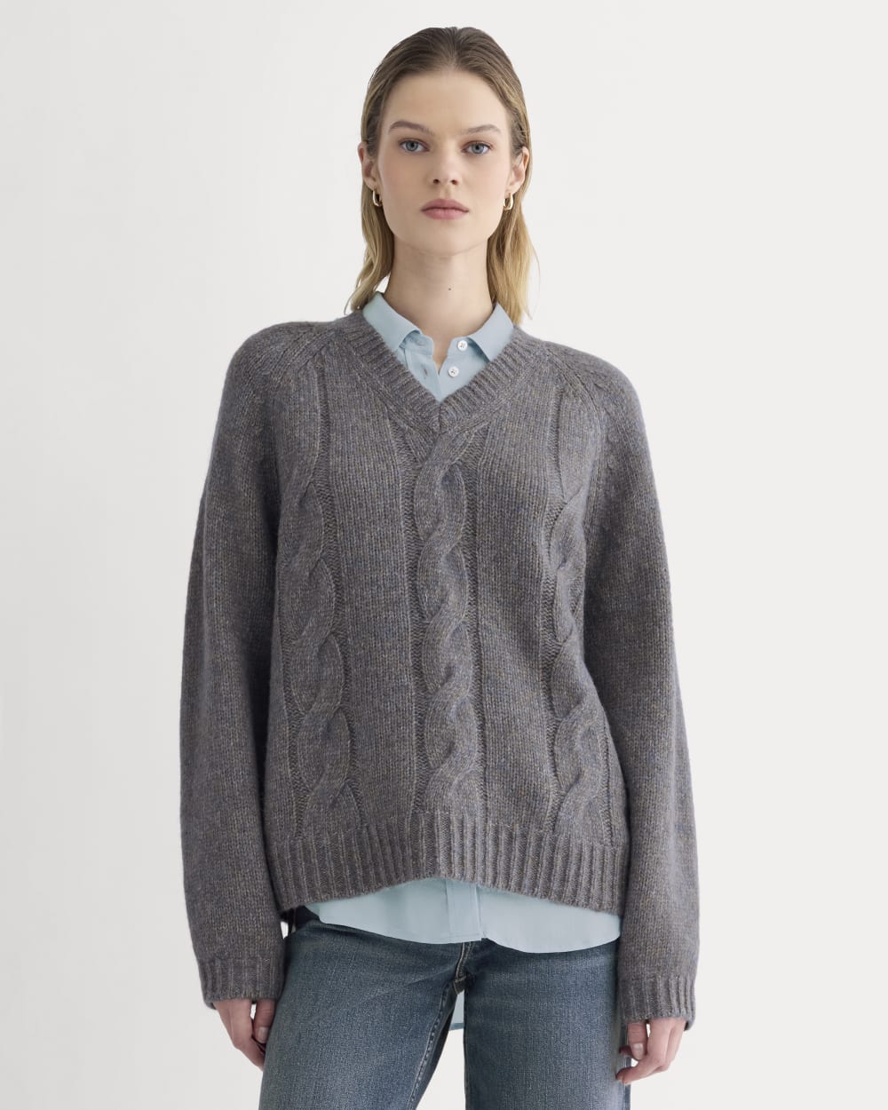 Cloud Cable V-Neck Sweater in Blue Multi Twist — detail view