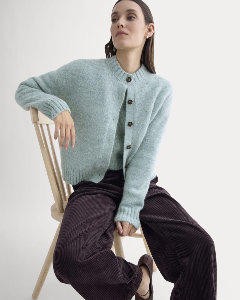 The Crew Cardigan in Alpaca in Heather Gray Mist — detail view