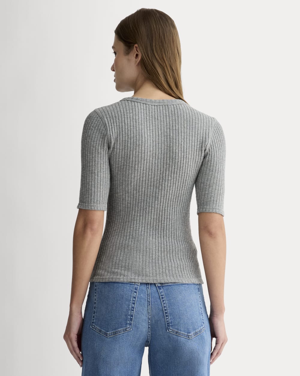 The Rib-Knit Short-Sleeve Henley in Mid Heather Grey — detail view