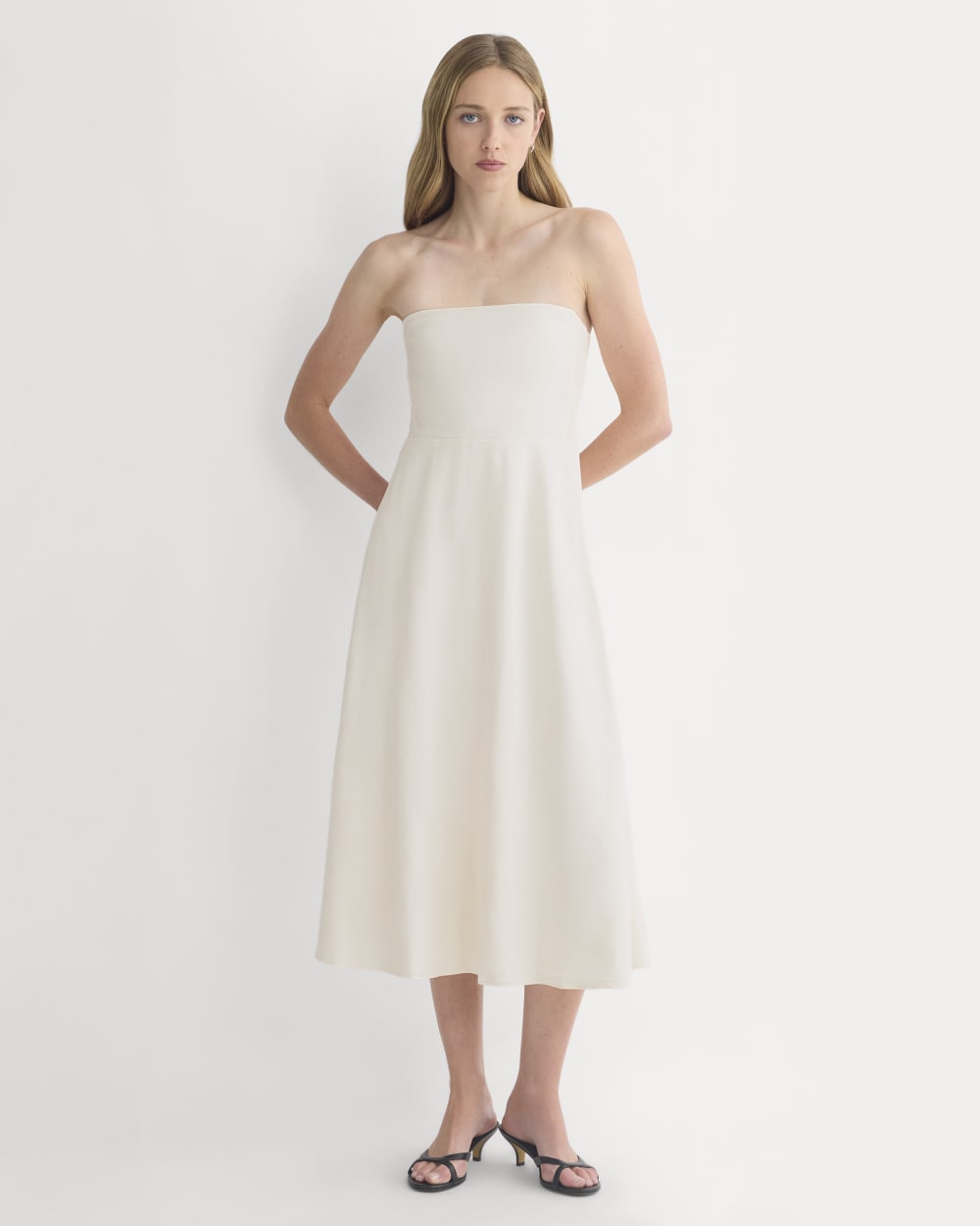 Strapless Dress in Stretch Linen in Bone — front view