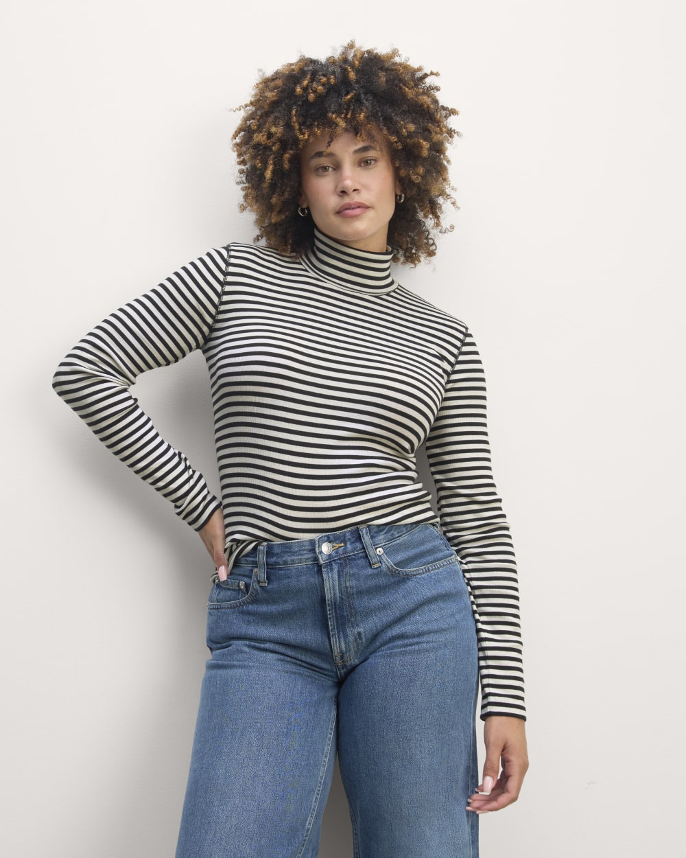The Luxe Rib Turtleneck in Bone / Black — front view