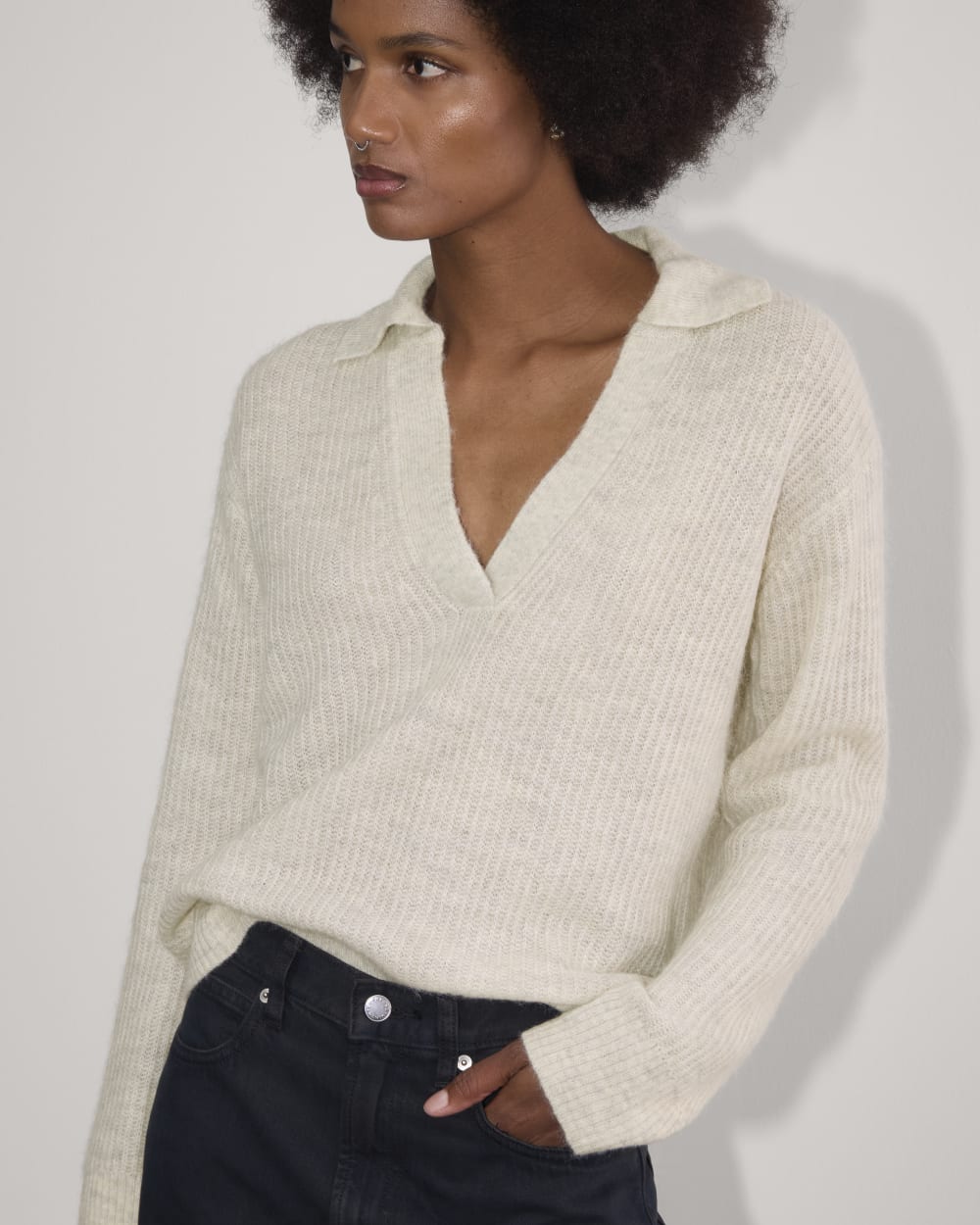 The Oversized Polo in Alpaca in Almond — detail view