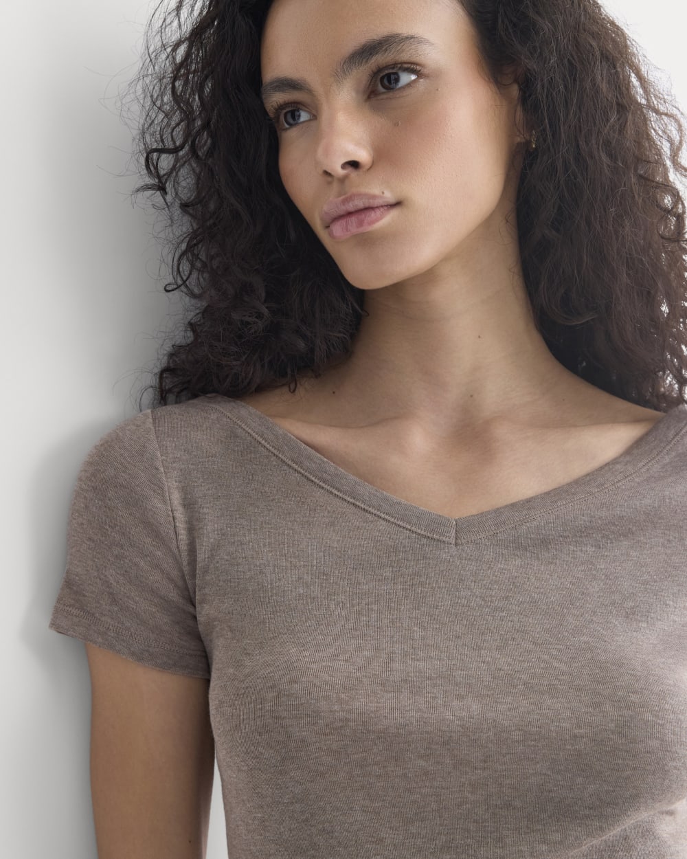 Tissue Short-Sleeve V-Neck Top in Heathered Chocolate Chip — detail view