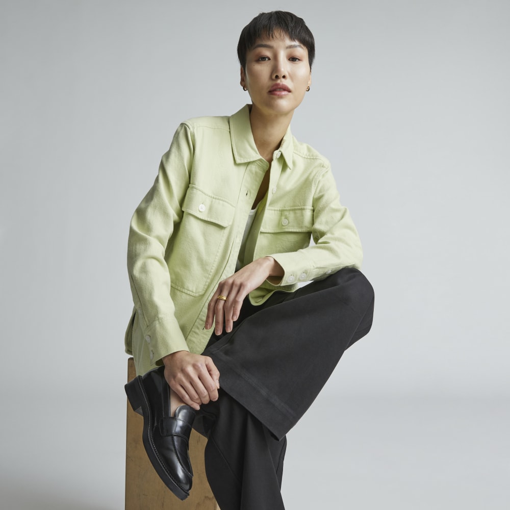 The Classic Cotton Flannel Shirt in Seafoam Green — detail view