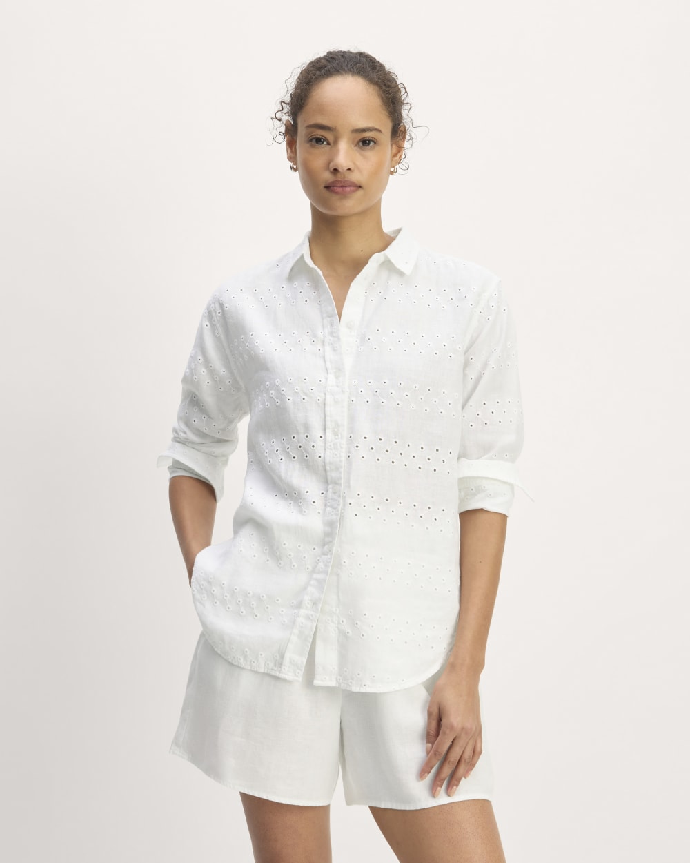 The Linen Eyelet Relaxed Shirt in White Eyelet — front view