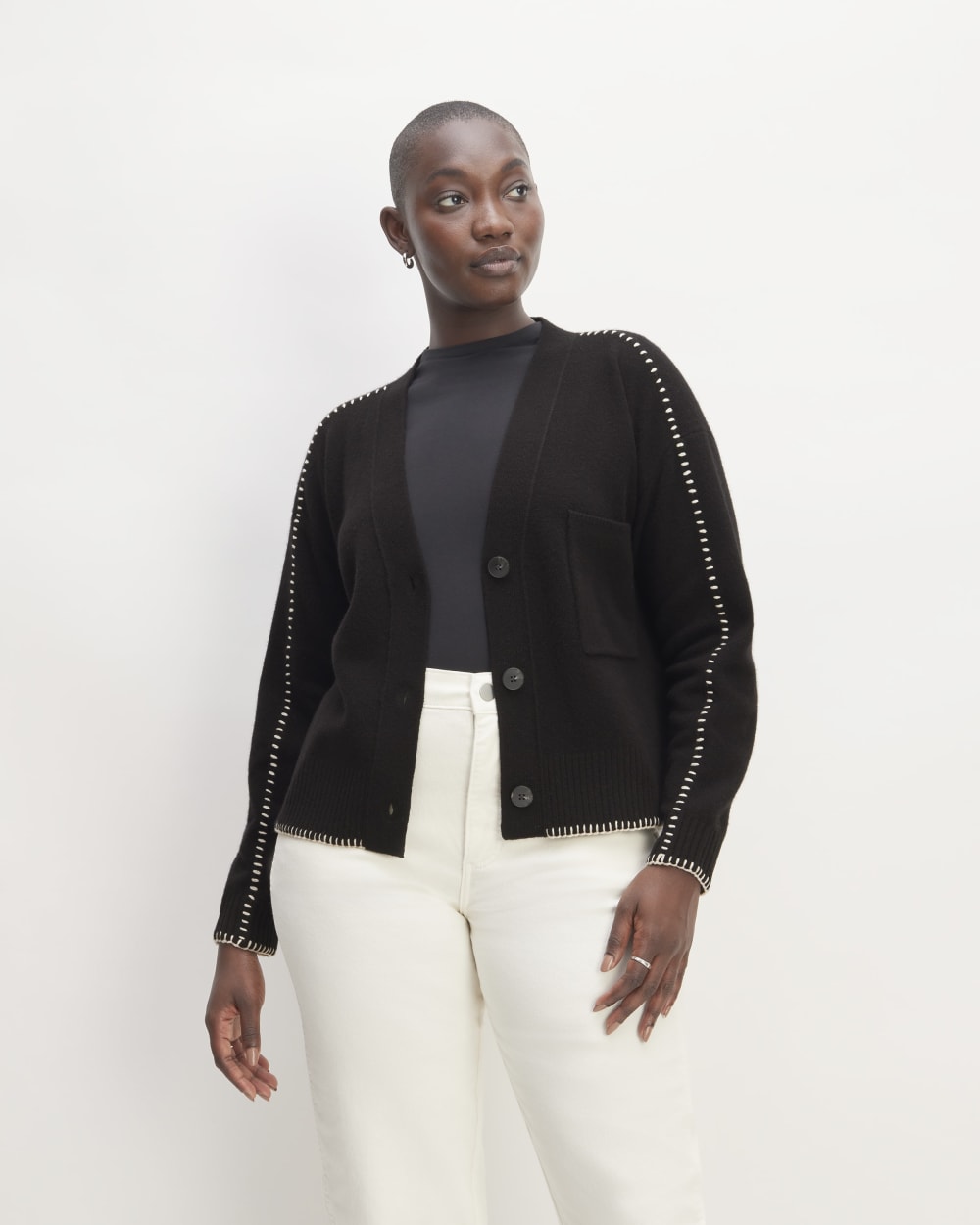The Good Merino Wool Cardigan in Black / Buttermilk — front view