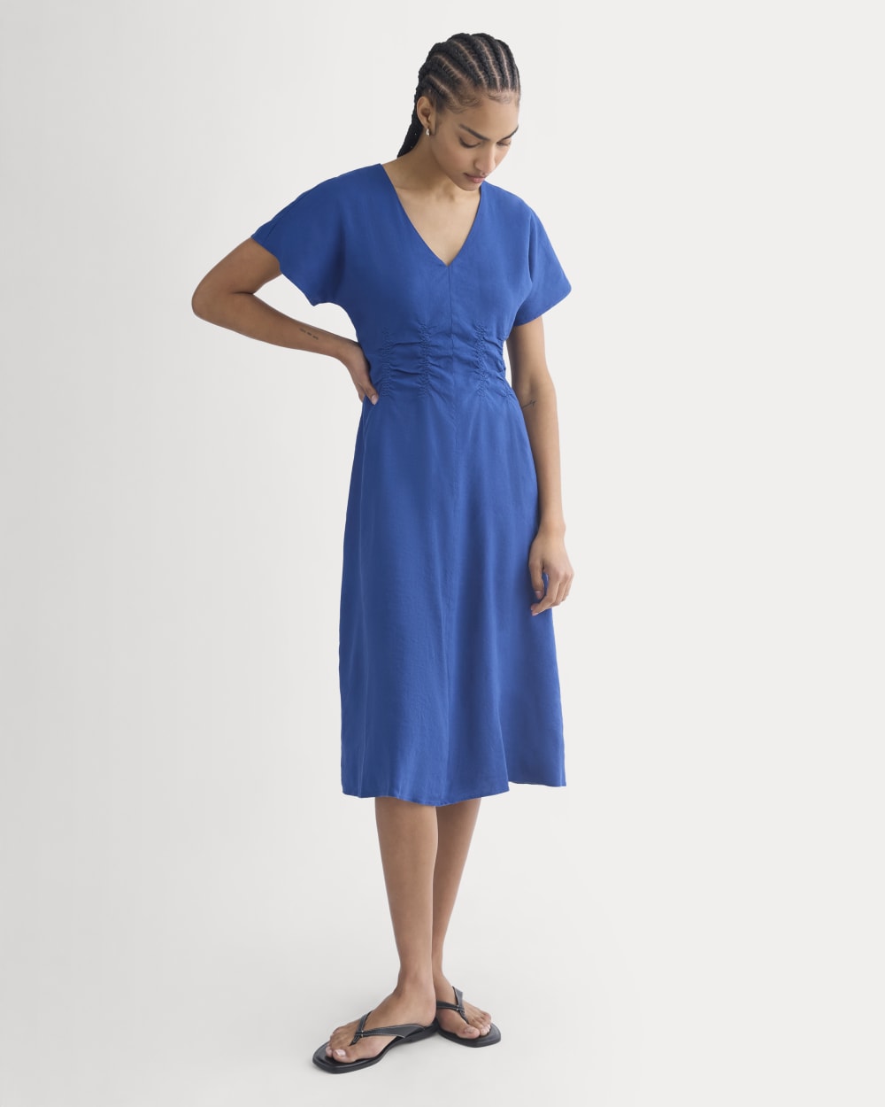 Cinched Dress in Stretch Linen in Estate Blue — front view