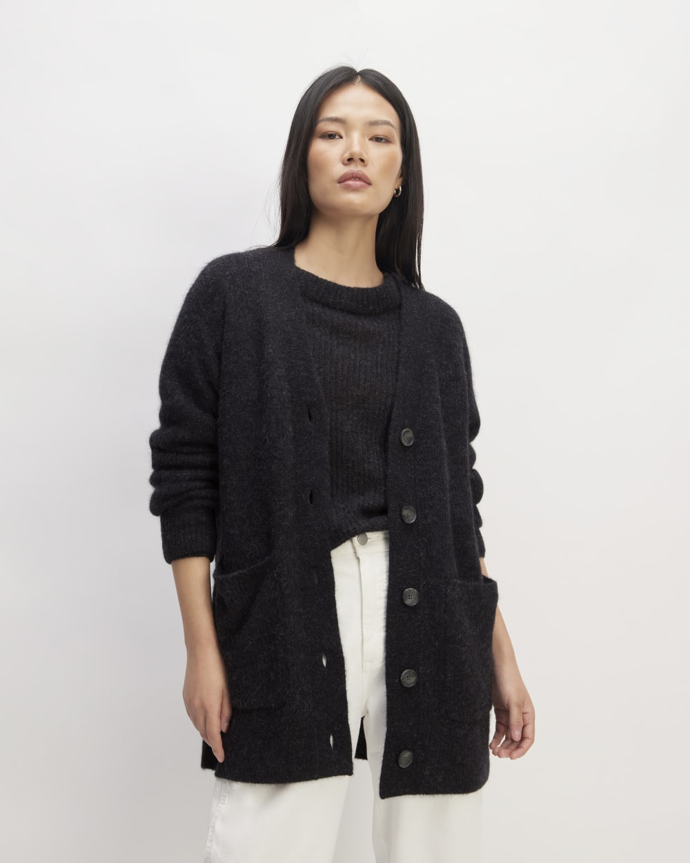 The Oversized Alpaca Pocket Cardigan in Heathered Black — front view