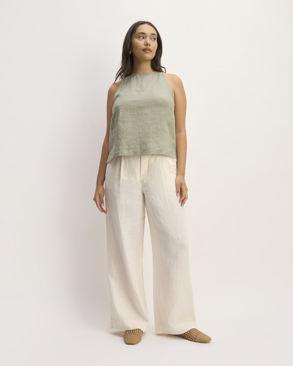 The Linen High-Neck Tank in Sage Green — detail view