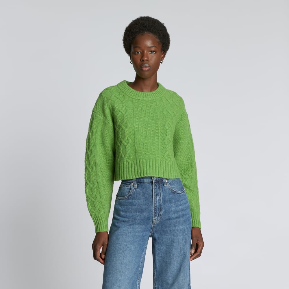 The Felted Merino Cropped Cable Sweater in Salted Lime — front view