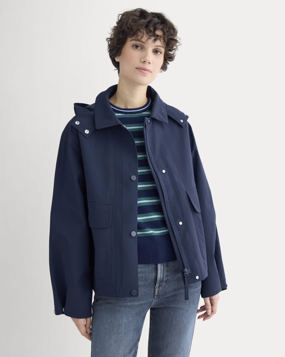Re:Cycled Nylon Barrel Jacket in Deep Navy — detail view