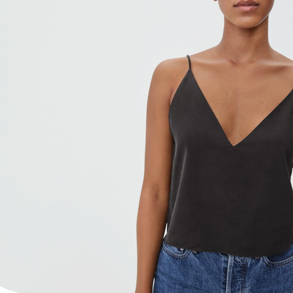 The Washable Silk Cropped Cami in Black — detail view