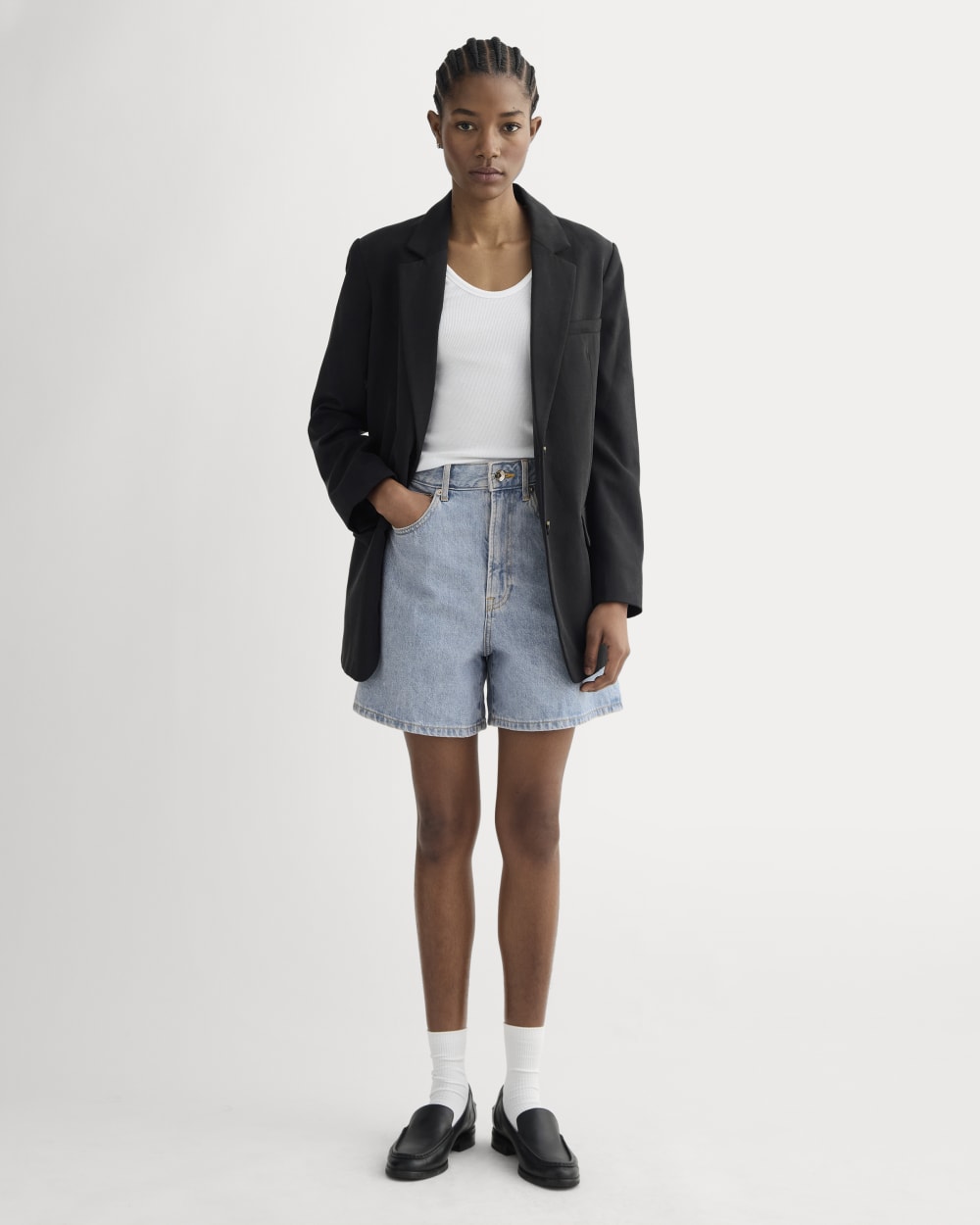 The A-Line Denim Short in Light Indigo — front view