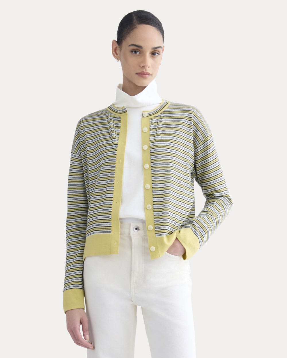Crew Cardigan in Ultrasoft Merino in Double Cream Multi Stripe — front view