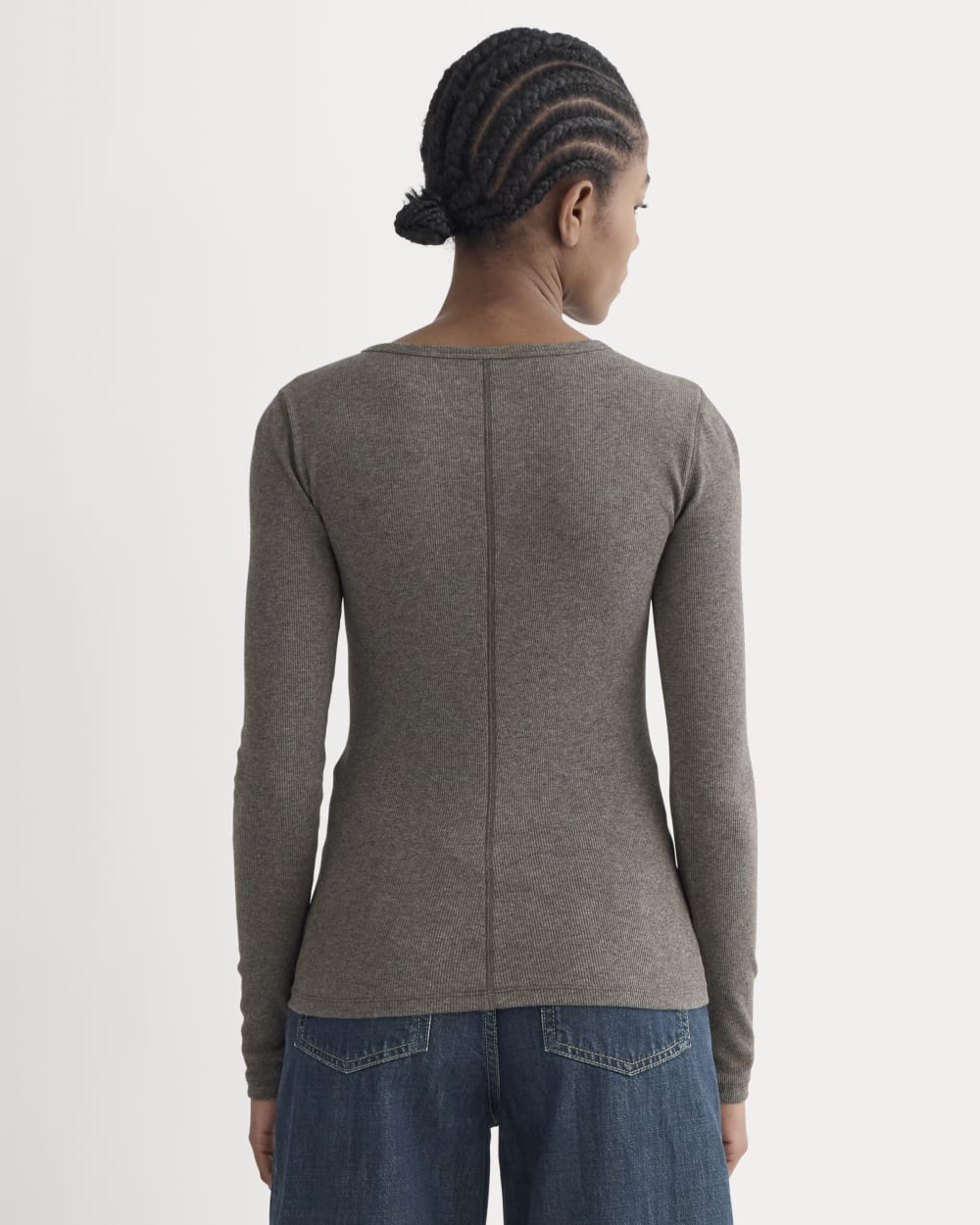 The Luxe Rib Long-Sleeve Crew in Washed Heathered Fatigue — detail view